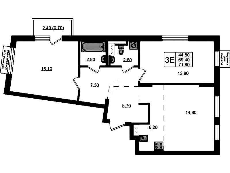 2-комнатная квартира 70.1 м², 9/9 эт., ЖК «Курортный квартал»